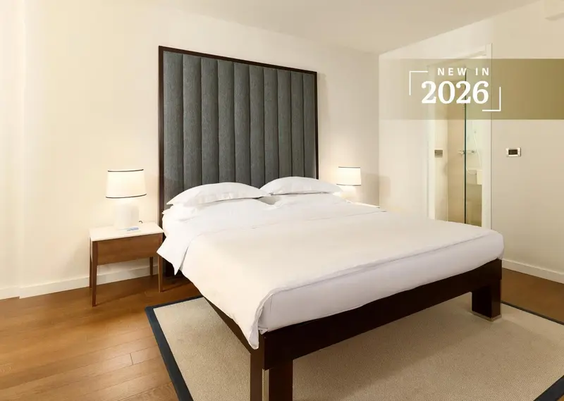 Une chambre moderne avec un grand lit et une tête de lit rembourrée.