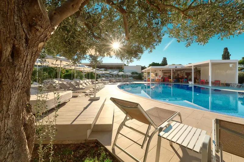 Transats blancs disposés autour d'une piscine ensoleillée avec un bar en fond.