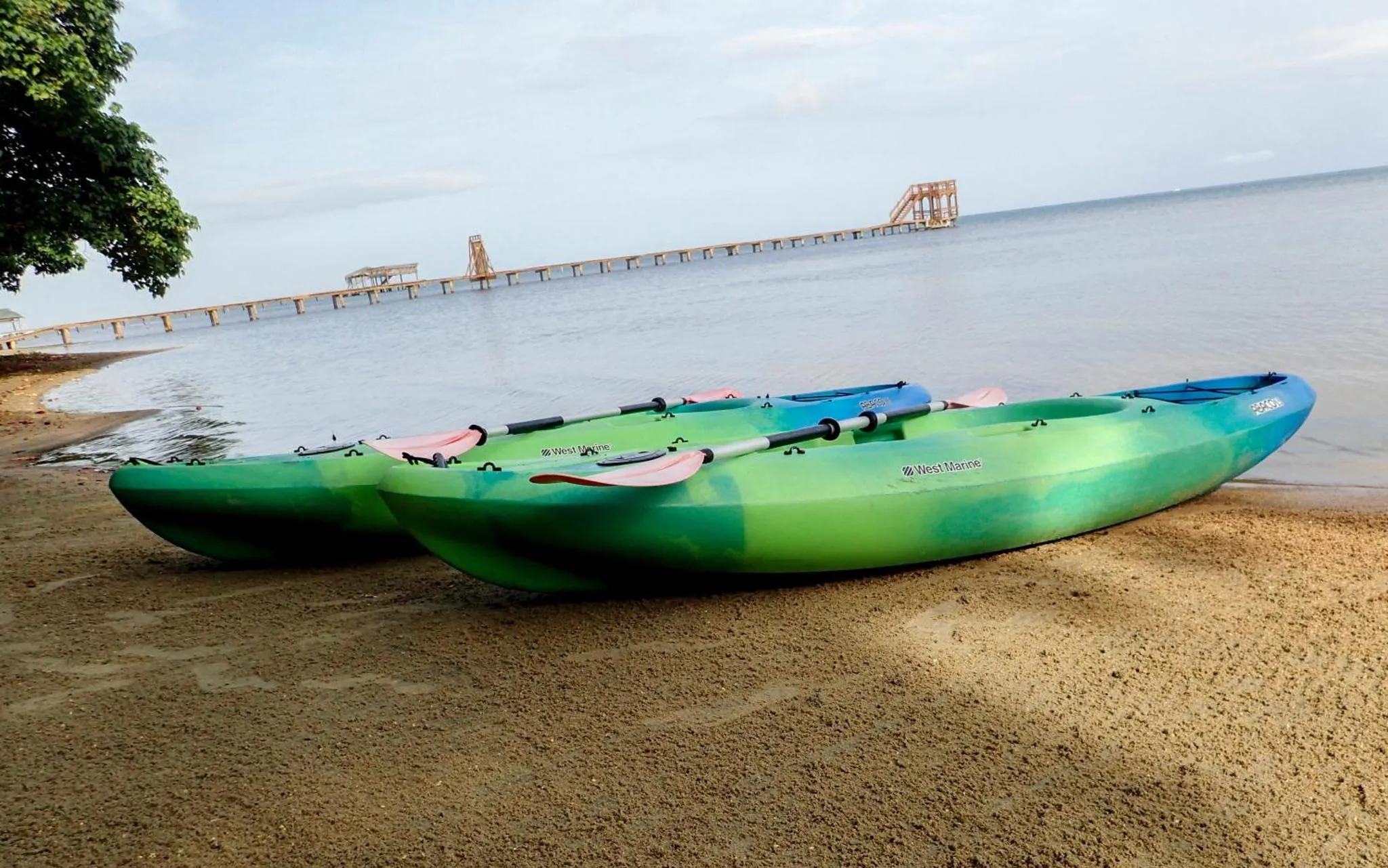 Des kayaks colorés reposent sur une plage de sable fin face à la mer.