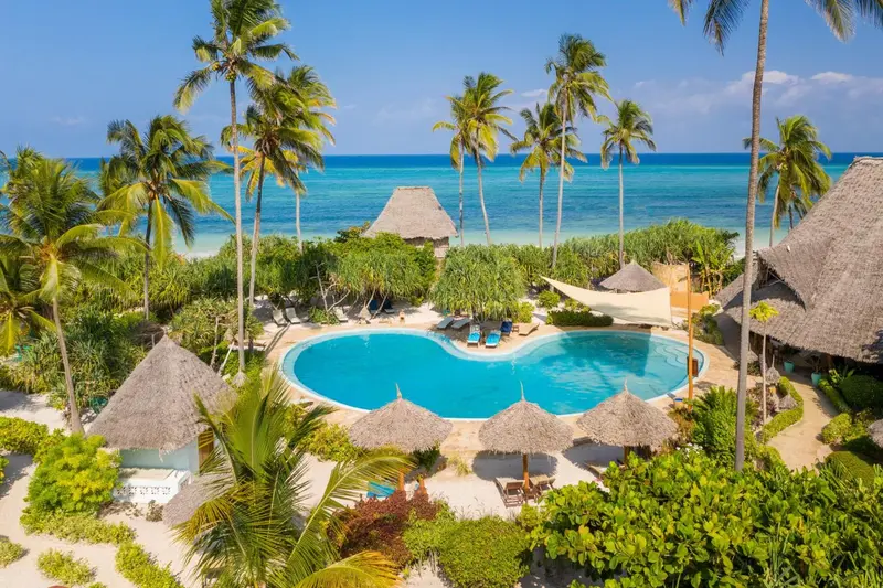 Vue aérienne d'une piscine bordée de palmiers et de bungalows à toits de chaume.