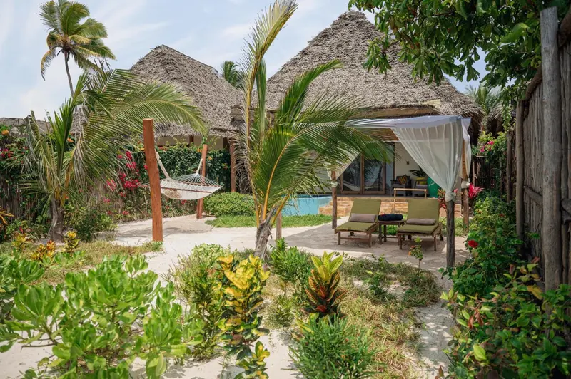 Espace extérieur aménagé avec des chaises longues et un hamac dans un jardin tropical.