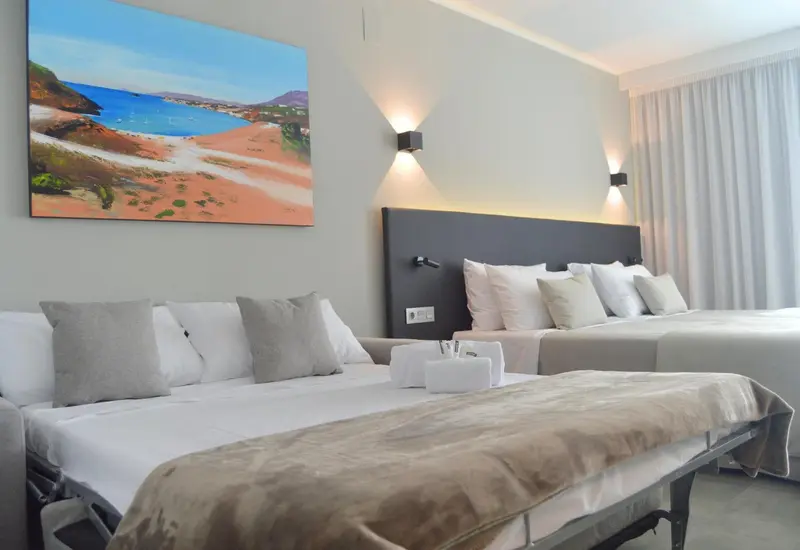 Une chambre lumineuse avec un grand lit et une décoration sobre.