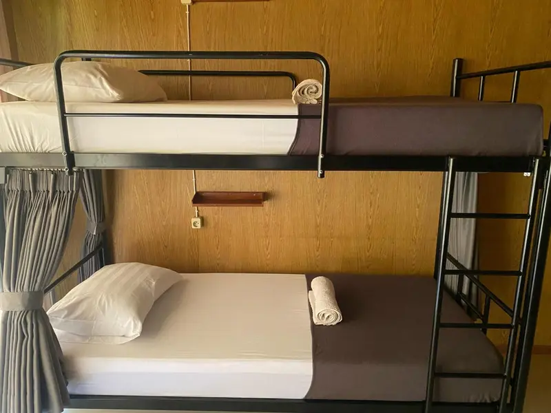 Lits superposés dans une chambre aux murs lambrissés.