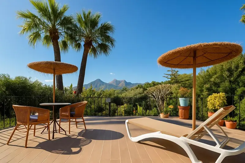 Terrasse aménagée avec mobilier de jardin et vue sur la végétation et les montagnes.