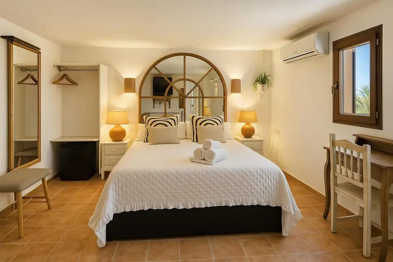 Une chambre lumineuse avec un grand lit et un miroir en arc de cercle.