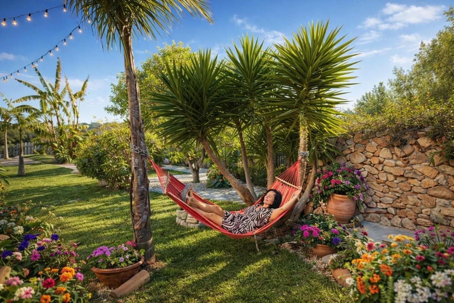 Une personne se détend dans un hamac au milieu d'un jardin fleuri.