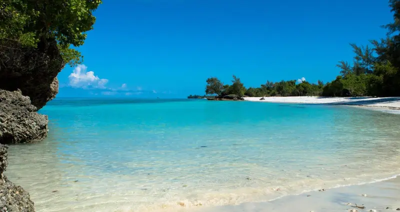 Plage de sable blanc bordée d'une eau turquoise et d'une végétation luxuriante.