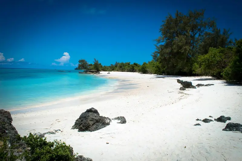 Plage de sable blanc bordée d'une eau turquoise et d'une végétation luxuriante.