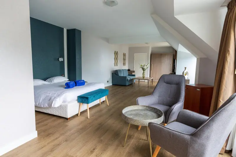 Une chambre spacieuse avec un lit fait et un coin salon confortable.