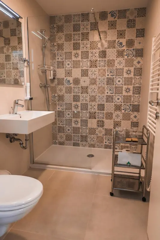 Une salle de bain claire avec une douche à l'italienne et des carreaux décoratifs.