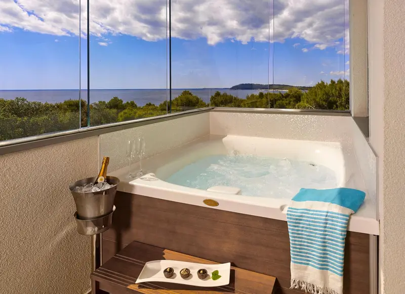 Un jacuzzi avec vue sur la mer et la côte.