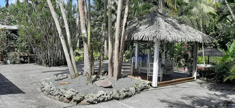 Un pavillon de chaume se dresse au milieu d'une végétation luxuriante.