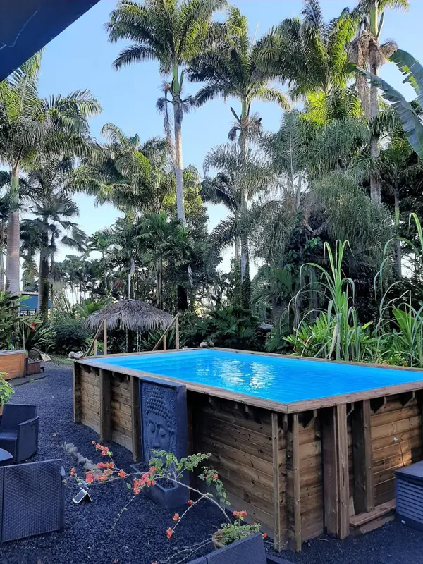 Une piscine rectangulaire bordée de bois et de végétation luxuriante sous un ciel bleu.