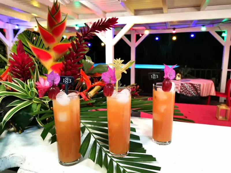 Trois verres colorés sont présentés sur une table décorée de fleurs tropicales.