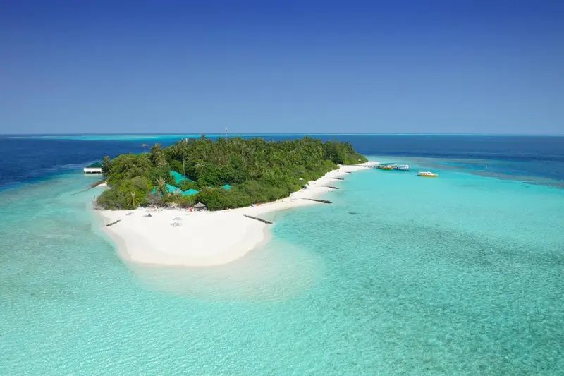 Île tropicale avec plage de sable blanc et végétation luxuriante.