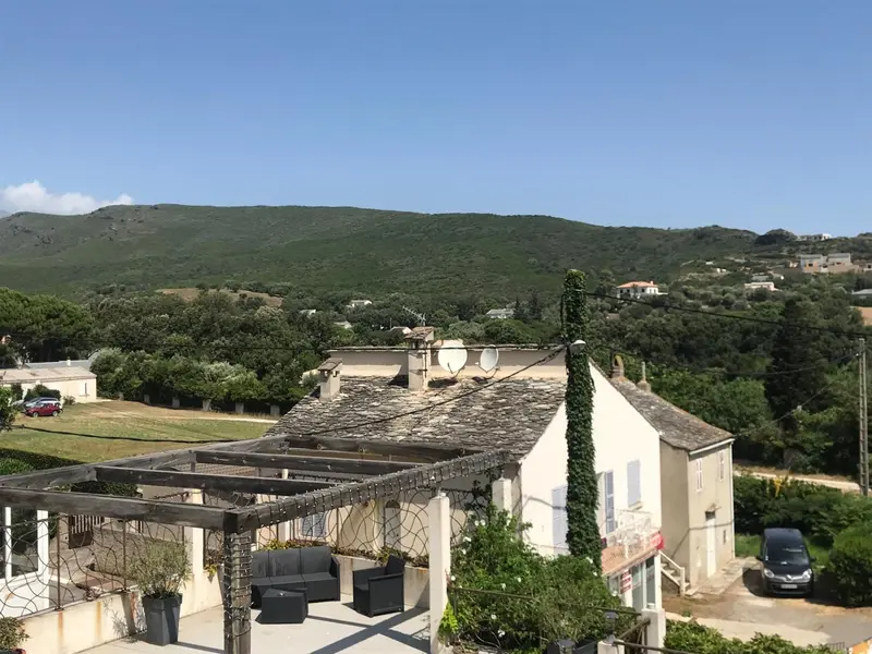 Vue d'ensemble d'une maison avec une terrasse ombragée et une végétation luxuriante.