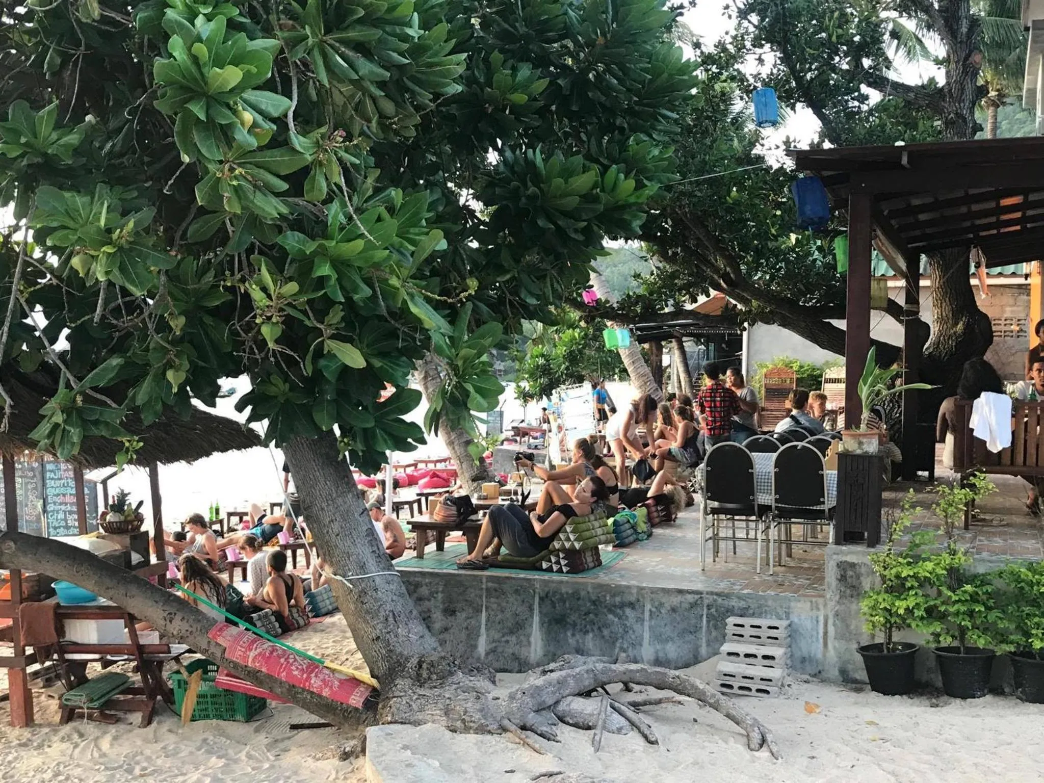 Des personnes sont assises et se détendent sur une terrasse en bord de mer.