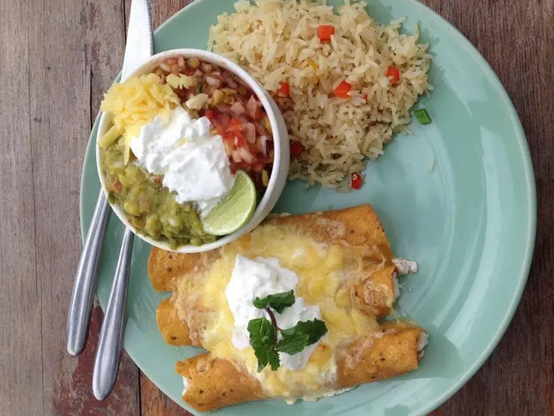 Assiette garnie de riz, de haricots, de guacamole et d'enchiladas au fromage.