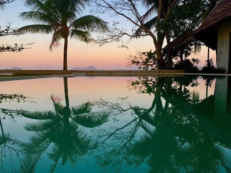 Une piscine à débordement reflète le ciel crépusculaire et les palmiers environnants.