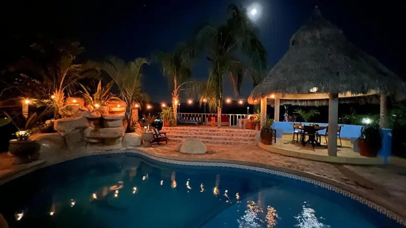 Une piscine illuminée au bord d'une terrasse avec des palmiers sous une pleine lune.