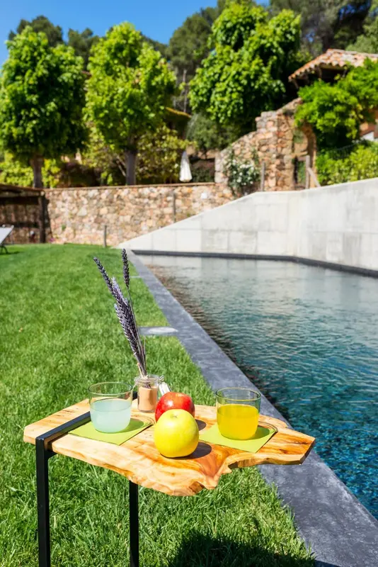 Une table basse en bois avec des boissons et des fruits se trouve au bord d'une piscine rectangulaire.