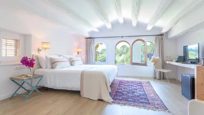 Chambre lumineuse avec un grand lit et une vue sur la végétation.