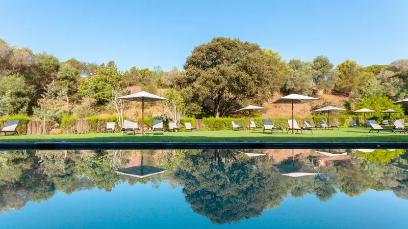 Transats et parasols bordent une piscine rectangulaire reflétant le ciel bleu et la végétation.