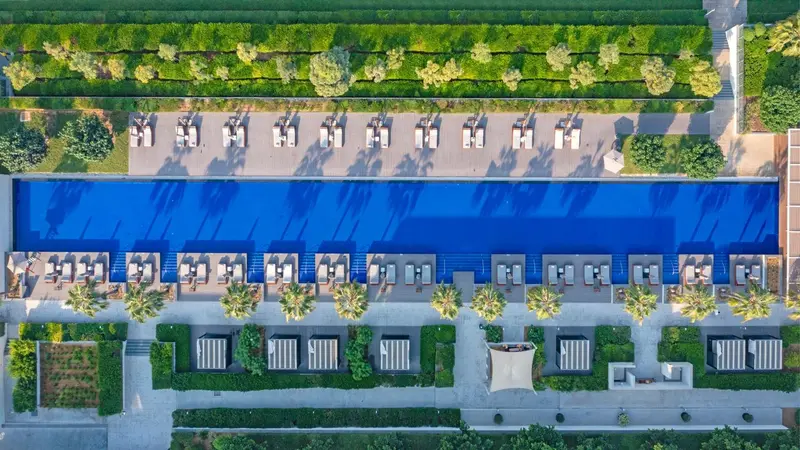 Vue aérienne d'une longue piscine rectangulaire bordée de transats et de palmiers.