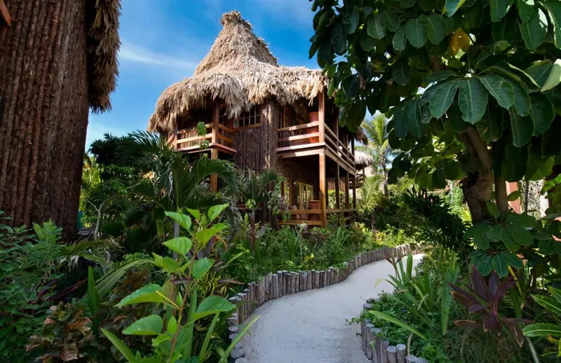 Un bungalow sur pilotis avec toiture de chaume se fond dans une végétation luxuriante.