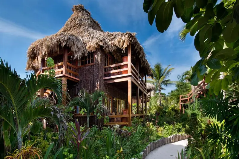 Bâtiment exotique à toit de chaume entouré de végétation tropicale.