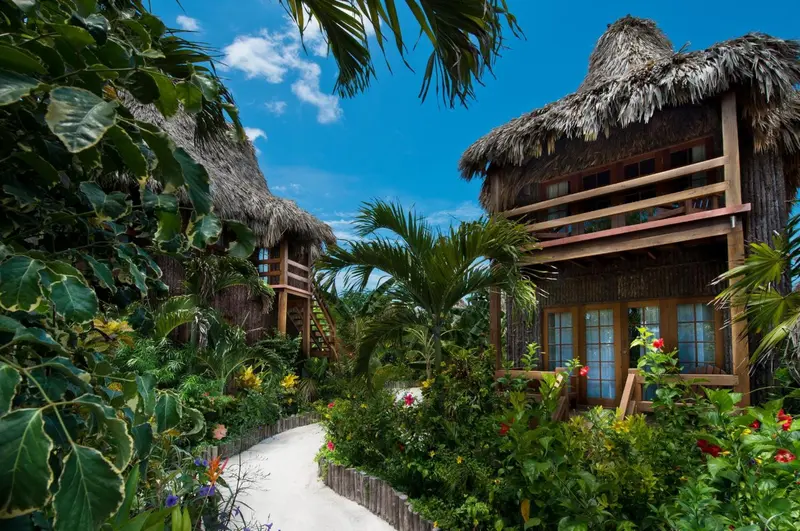 Maisons de style traditionnel avec toits de chaume bordent un chemin fleuri.
