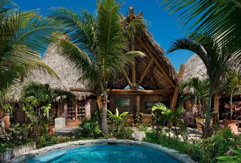 Petites huttes de chaume au milieu d'une végétation luxuriante et d'une piscine.