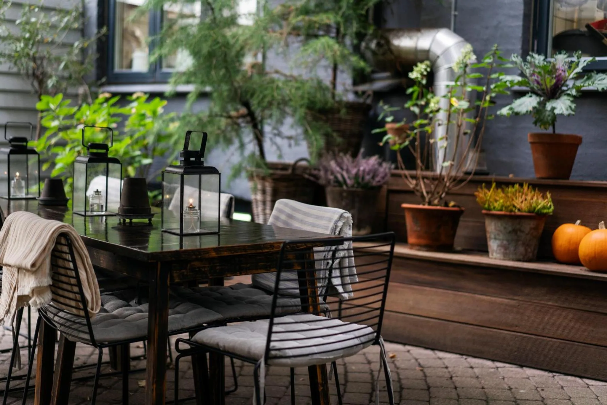 Une table et des chaises sont disposées sur une terrasse pavée, entourée de plantes en pots.