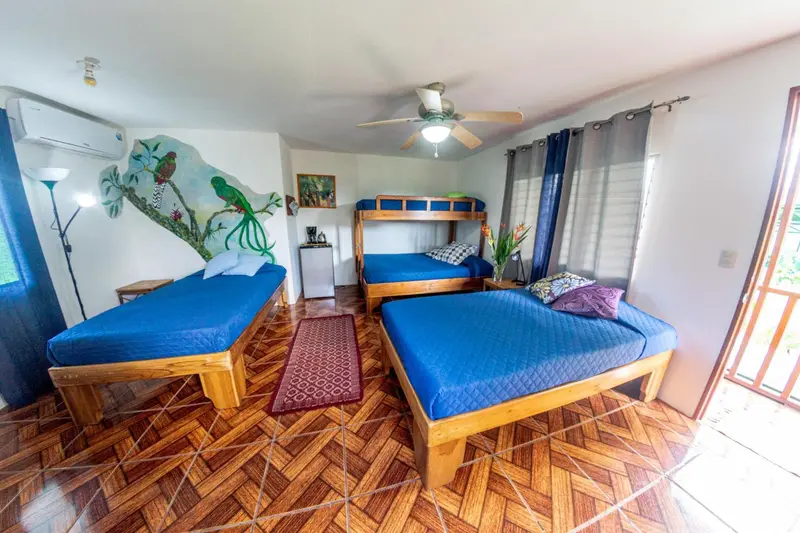 Une chambre lumineuse avec deux lits simples et un lit superposé.