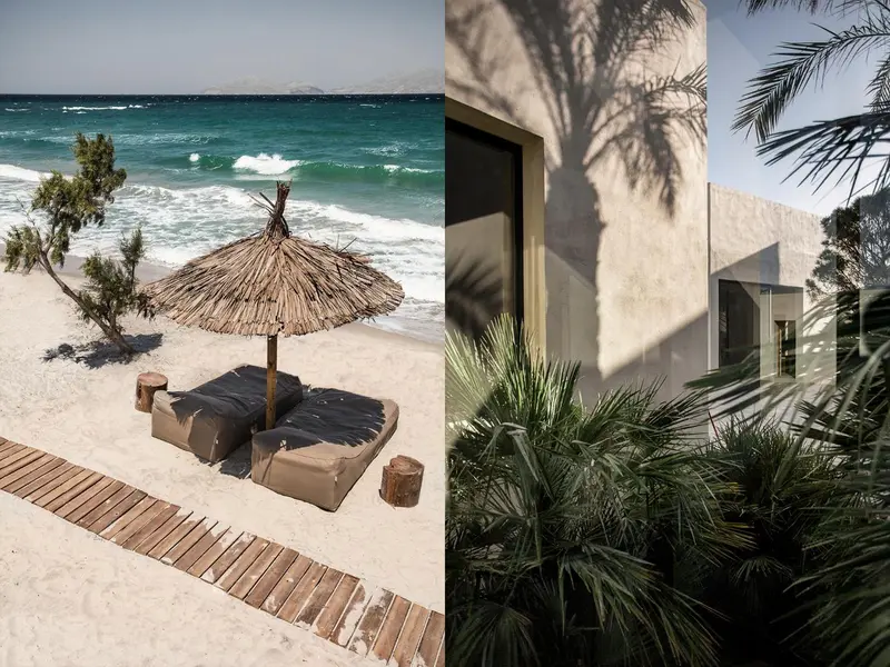 Plage de sable fin avec parasol de chaume et mobilier de détente.