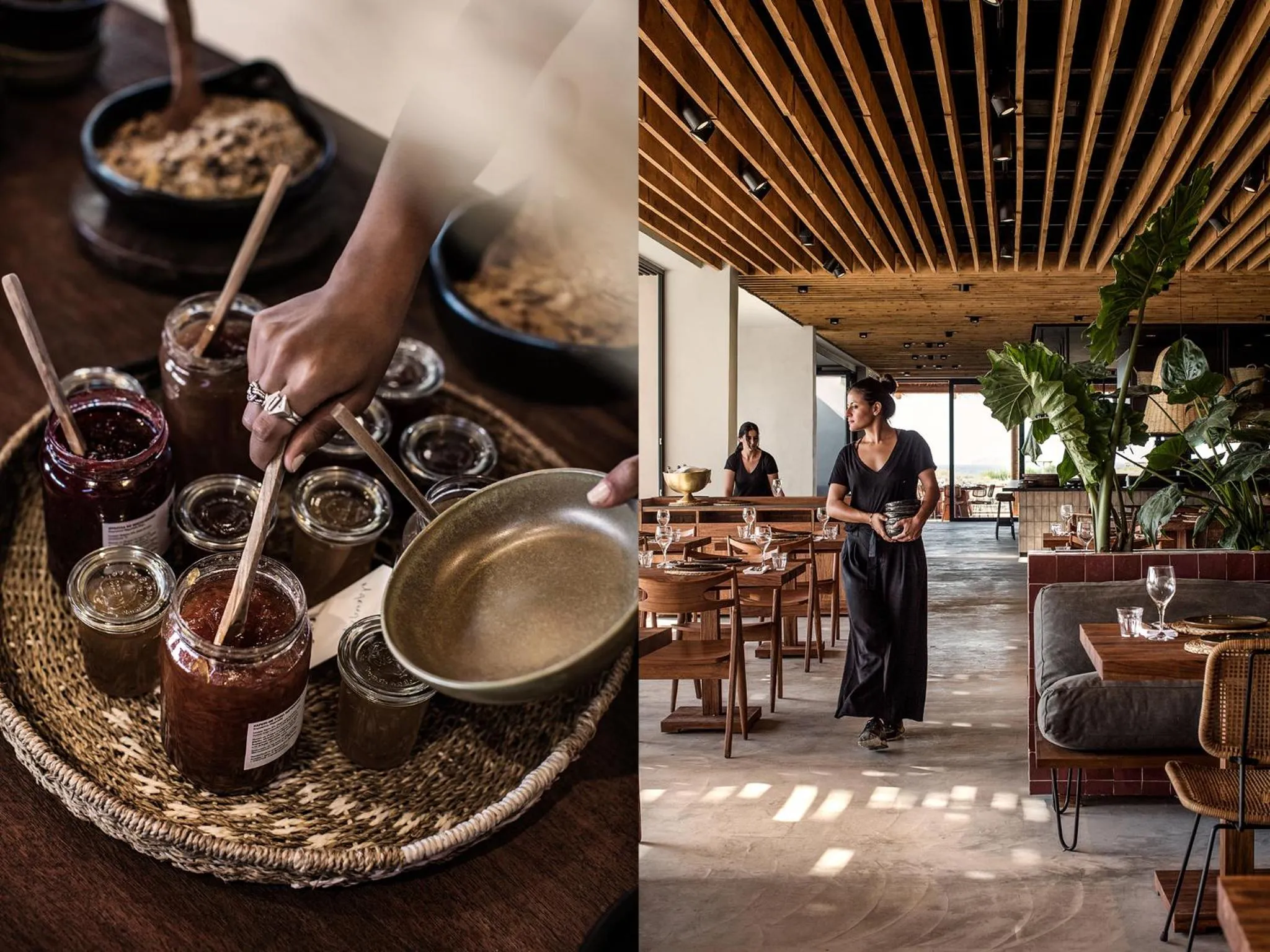Une personne prépare des confitures dans un cadre intérieur lumineux avec des pots de verre et une grande table en osier.