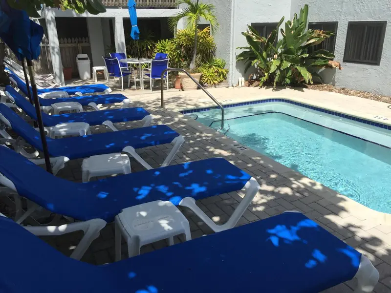 Transats bleus disposés autour d'une piscine ensoleillée.