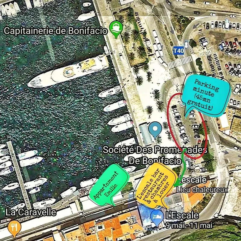 Vue aérienne d'un port de plaisance avec des bâtiments et des espaces verts.
