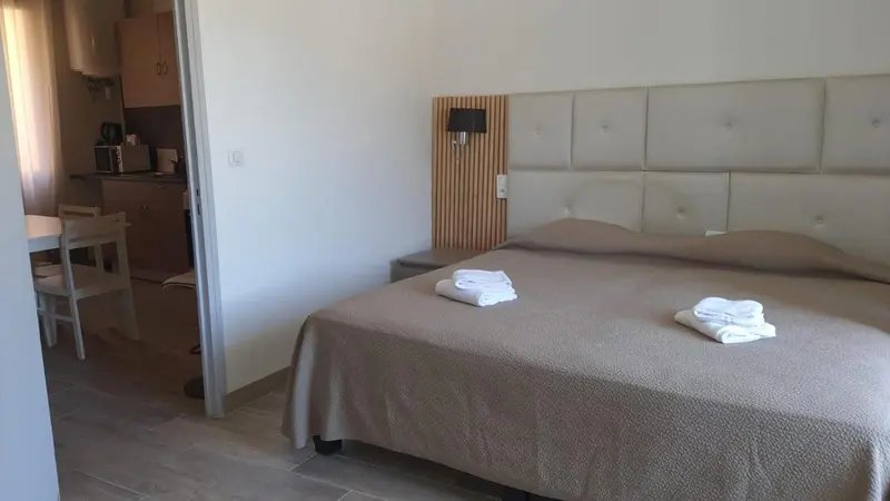 Une chambre lumineuse avec un grand lit et une kitchenette ouverte.