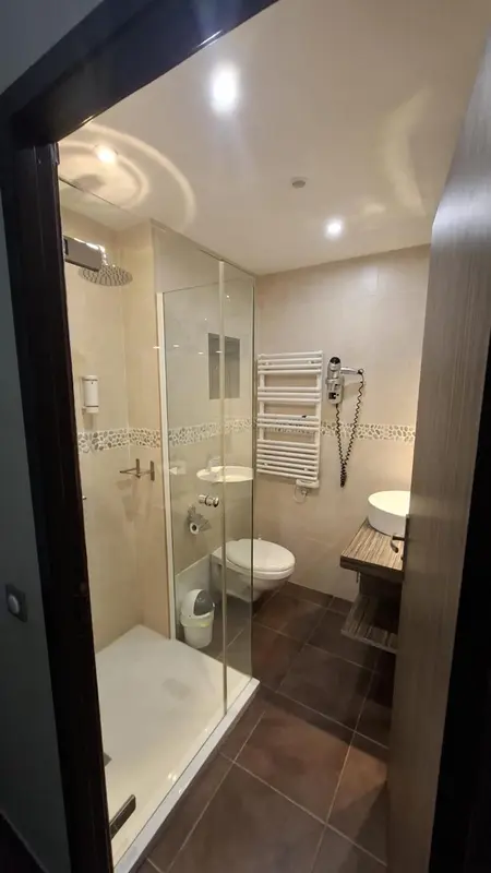 Une salle de bain moderne avec douche à l'italienne et lavabo.