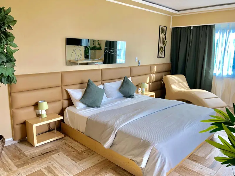 Une chambre lumineuse avec un grand lit et un coin salon.