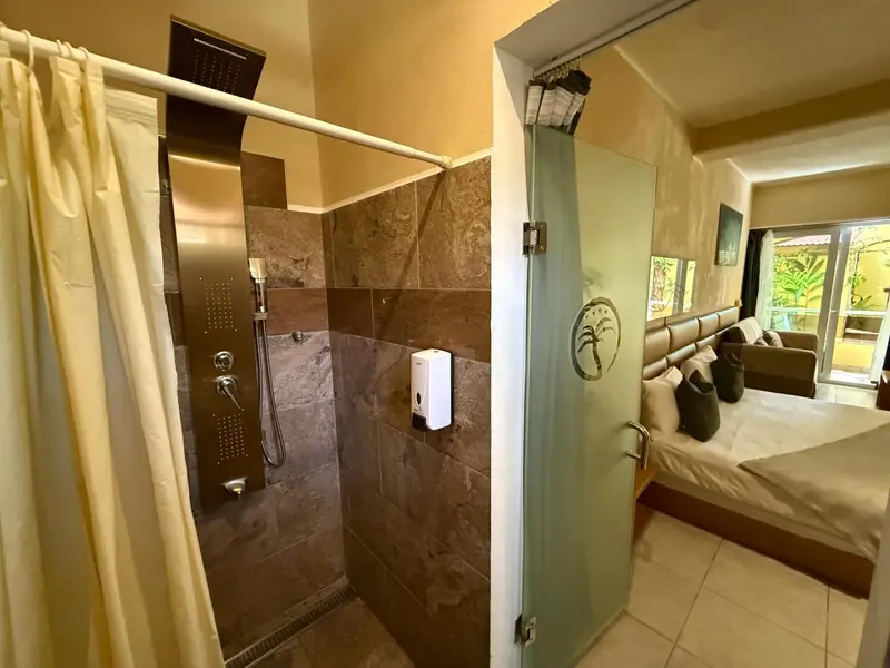 Douche à l'italienne dans une salle de bain lumineuse.