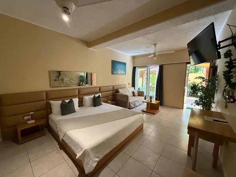Une chambre lumineuse avec un grand lit et un coin salon.