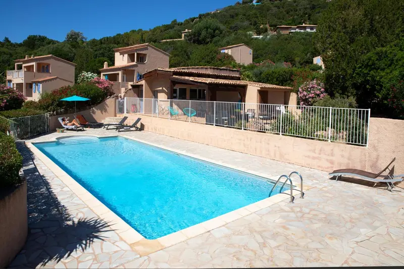 Piscine rectangulaire bordée d'une terrasse ensoleillée avec chaises longues et végétation luxuriante en arrière-plan.