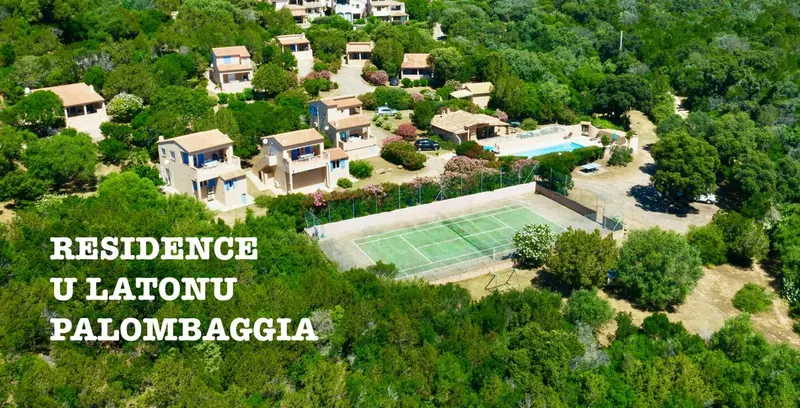 Vue aérienne d'une résidence avec piscine et court de tennis au milieu de la végétation.