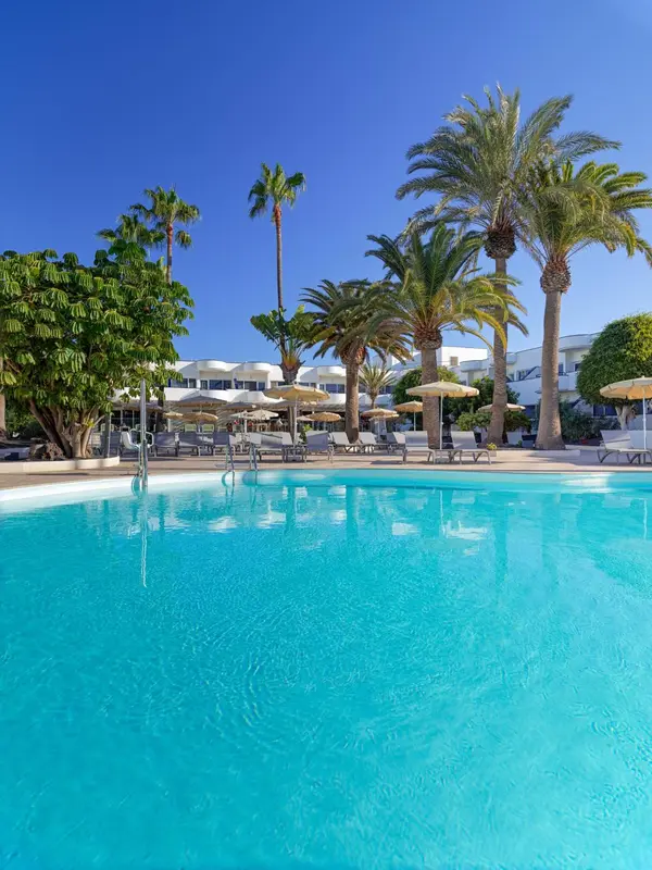 Une piscine turquoise reflète le ciel bleu et les palmiers environnants.