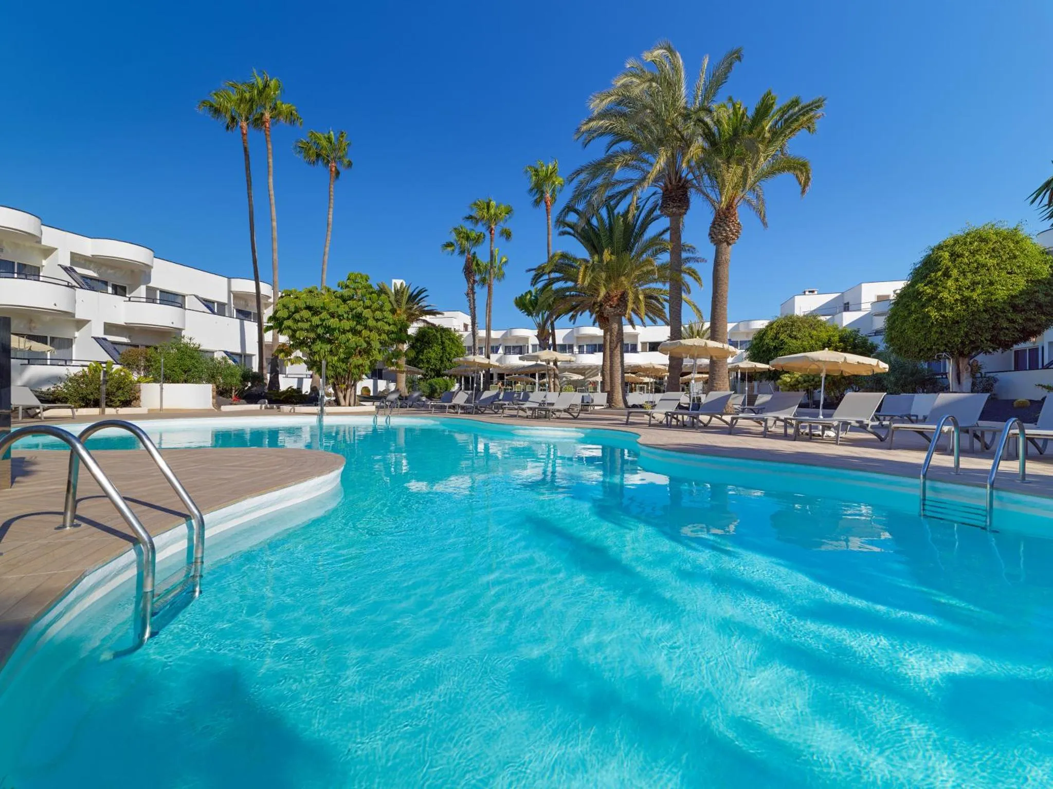 Une piscine turquoise bordée de transats sous les palmiers.