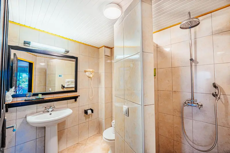 Une salle de bain carreee avec douche, lavabo et WC.