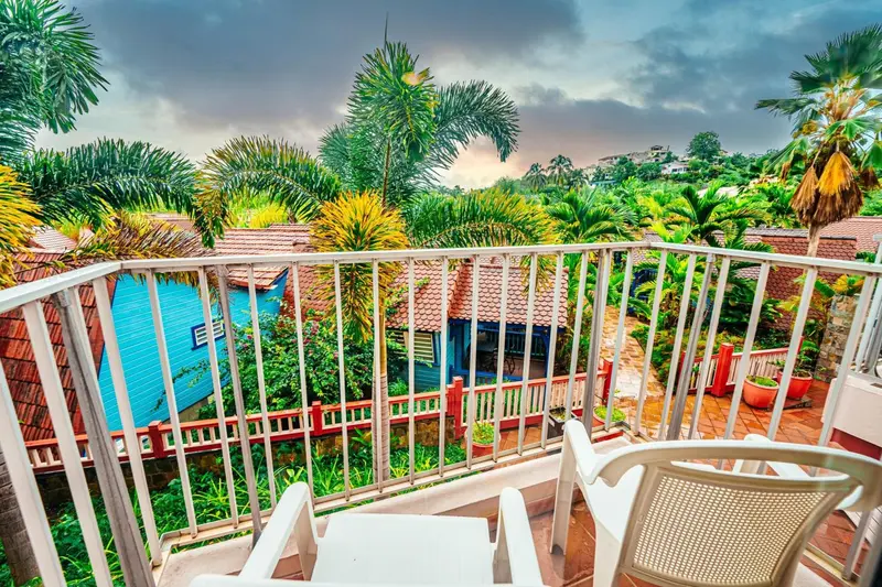 Vue d'une terrasse avec mobilier d'extérieur et végétation luxuriante.