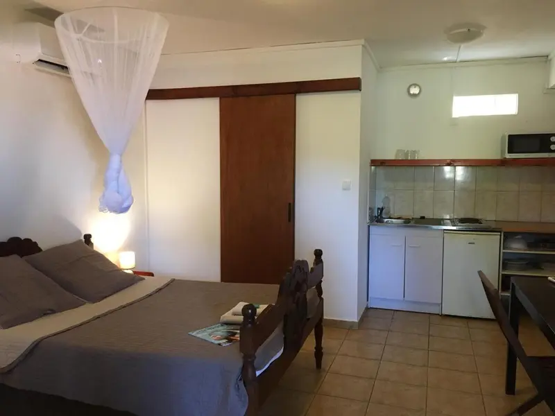 Une chambre avec un lit et une kitchenette.